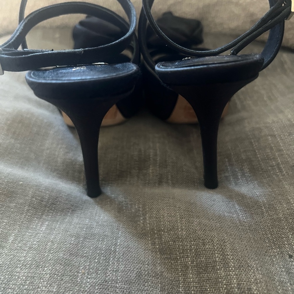 Kate Spade Black Satin Peep Toe Heels with Rose Accent - Picture 4 of 7